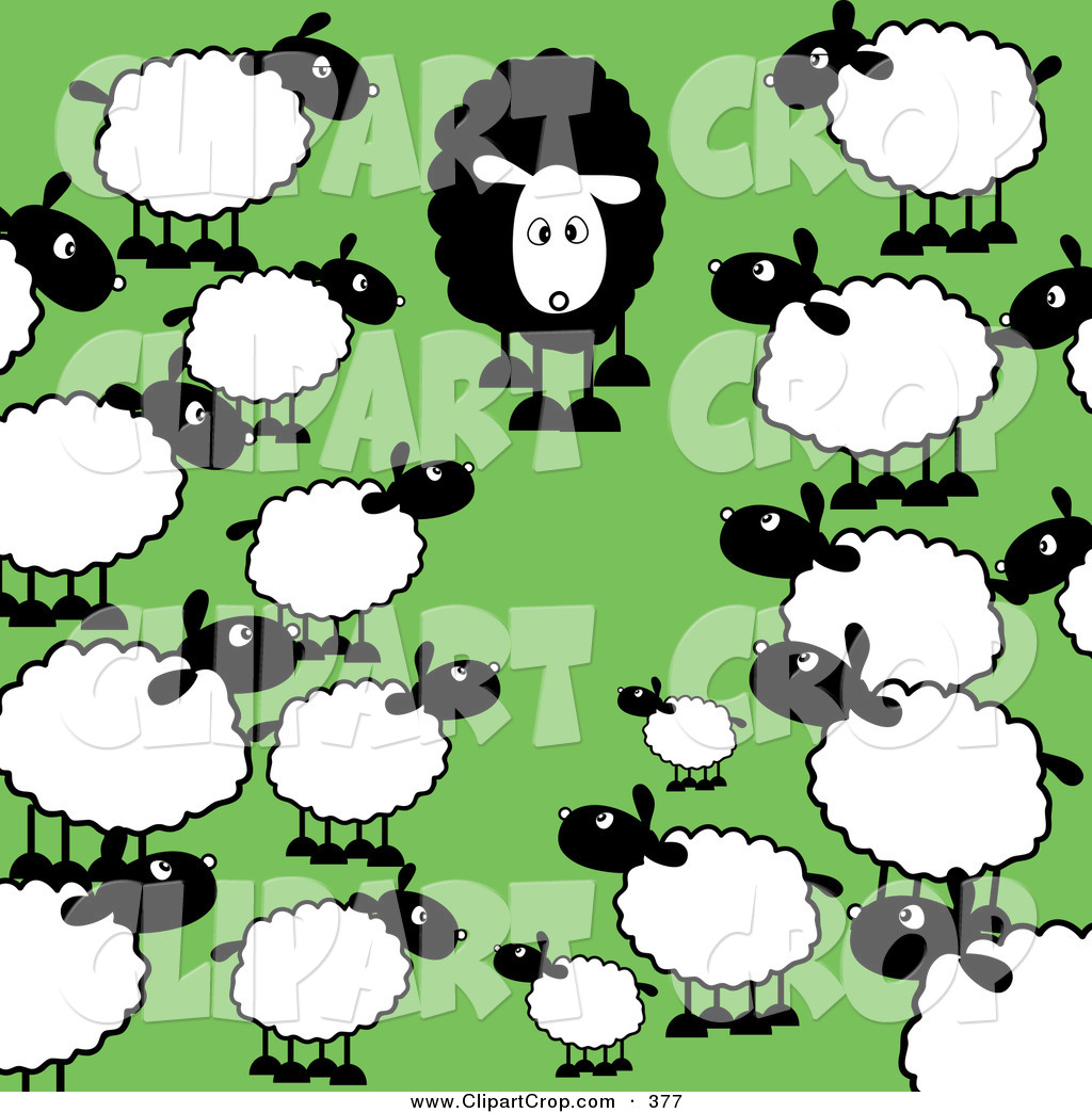 A cartoon flock of white sheep with one surprised black sheep standing out against a green background.