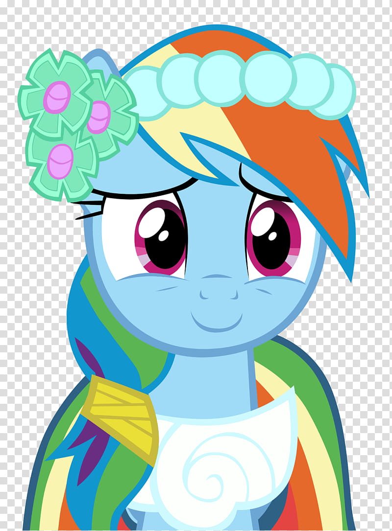Rainbow Dash in a festive floral crown and rainbow-themed outfit, smiling gently with large expressive eyes.