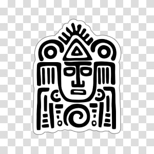 Black-and-white stylized Mesoamerican deity glyph with geometric patterns and headdress.
