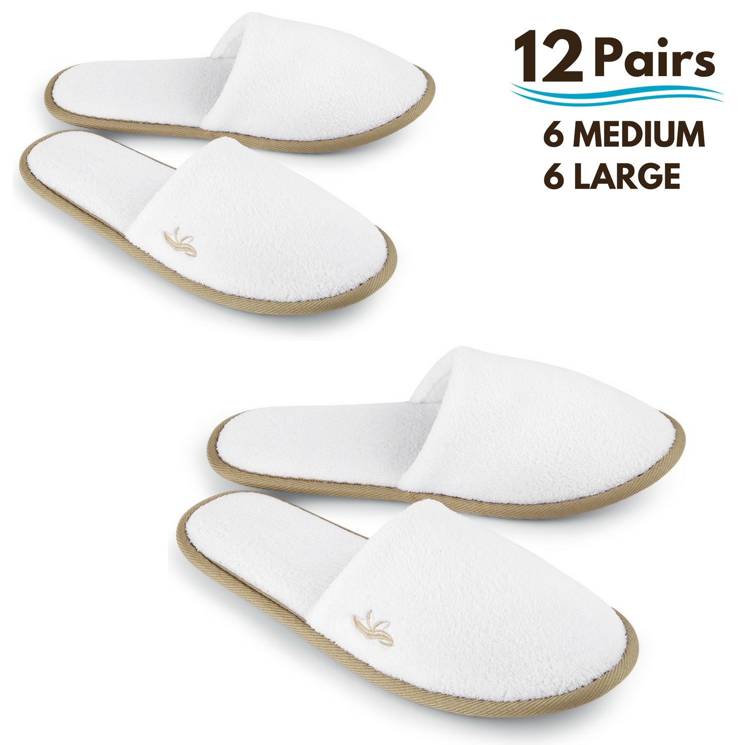 White plush hotel slippers with tan trim and embroidered logo; 12 pairs (6 medium, 6 large) shown.