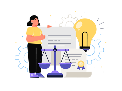 A woman in yellow stands beside legal scales, documents, a lightbulb idea, and gears-symbolizing law, justice, innovation, and process.