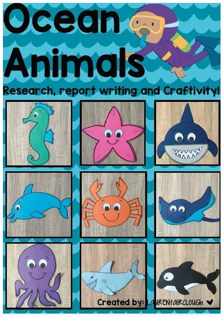 Colorful ocean animal craft templates including seahorse, starfish, shark, dolphin, crab, octopus, and orca for kids’ educational activities.
