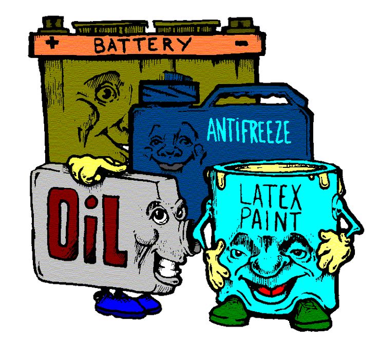 Cartoon-style illustrated containers of battery, antifreeze, oil, and latex paint with expressive faces and limbs.