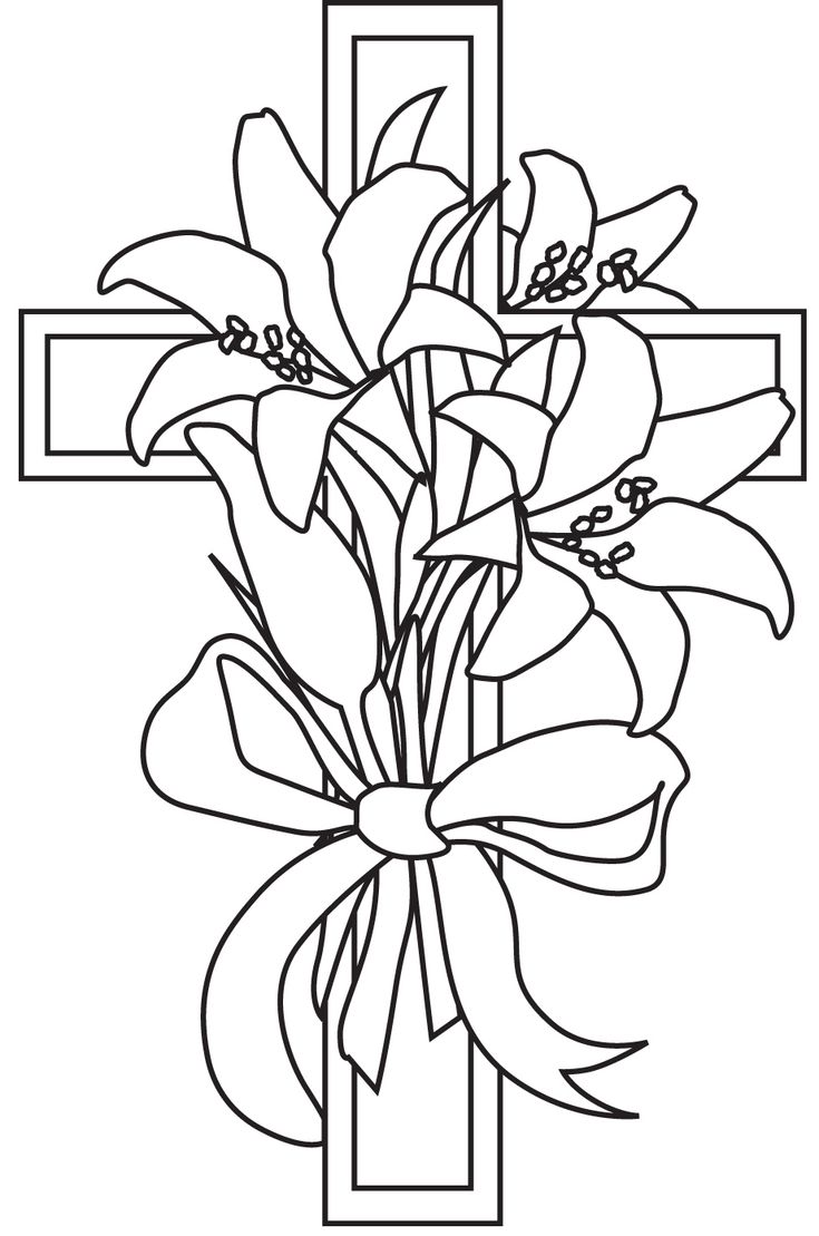 Black-and-white line drawing of lilies tied with a bow in front of a Christian cross.