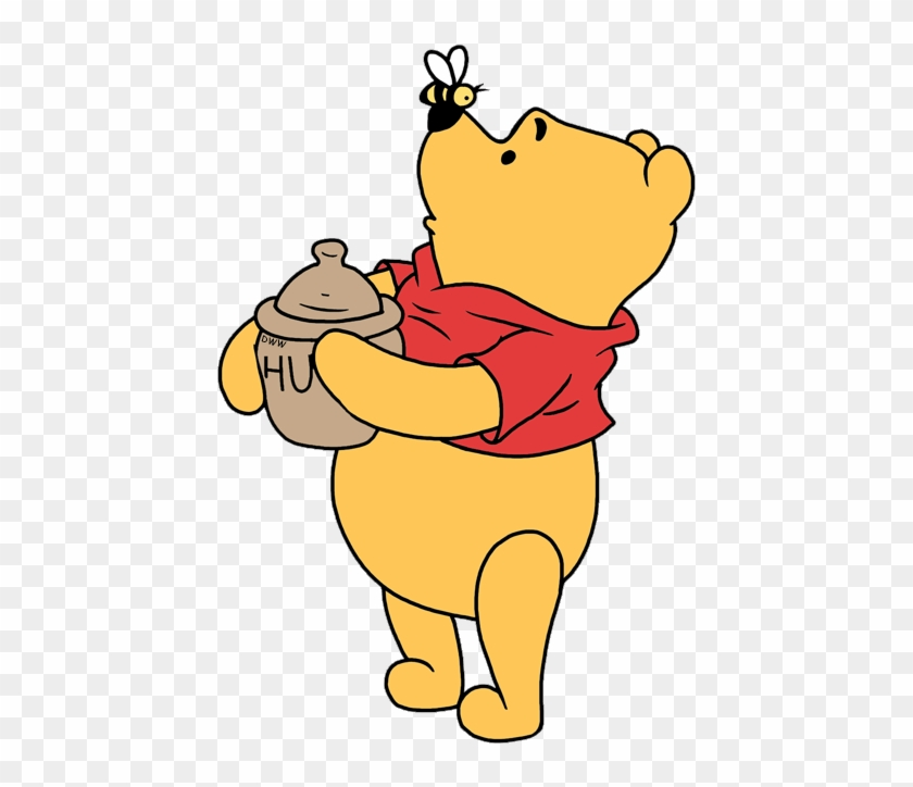 Winnie the Pooh holding a honey pot with a bee hovering near his nose, wearing his classic red shirt.
