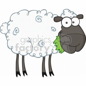 Cartoon sheep with fluffy white wool, black face and legs, munching on green grass with wide eyes.
