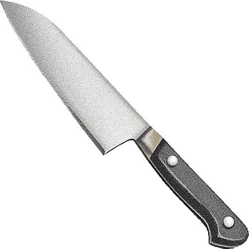 Stainless steel chef's knife with black riveted handle on white background