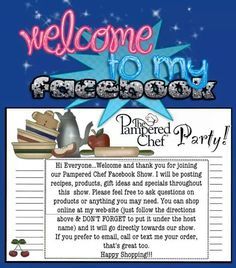 Welcome banner for Pampered Chef Facebook Party with chef hat, cookbooks, and kitchen tools on blue starry background.
