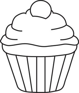 Line drawing of a cupcake with swirled frosting and a cherry on top, in a pleated paper liner.