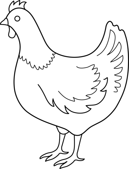 Simple black-and-white line drawing of a standing chicken with comb, wattle, and feather details.