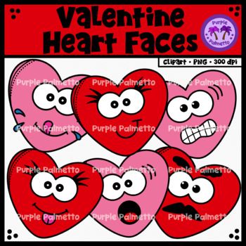 Six cartoon heart faces with expressive emotions-happy, surprised, angry, winking, blushing, and shouting-on a red banner labeled "Valentine Heart Faces".