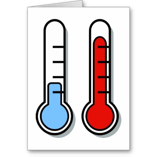 Two illustrated thermometers side by side-left with blue liquid indicating cold, right with red liquid indicating hot.