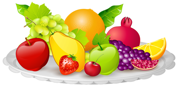 A colorful assortment of fresh fruits-including apple, grape, orange, pomegranate, mango, strawberry, and cherry-arranged on a white scalloped plate.