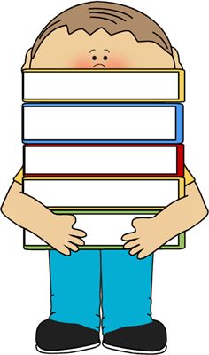 Cartoon boy with brown hair holding a tall stack of colorful books, symbolizing learning and education.