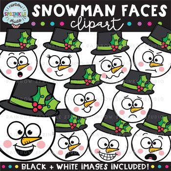 Festive snowman faces with black top hats, holly sprigs, and varied expressions-happy, surprised, grumpy, and smiling.