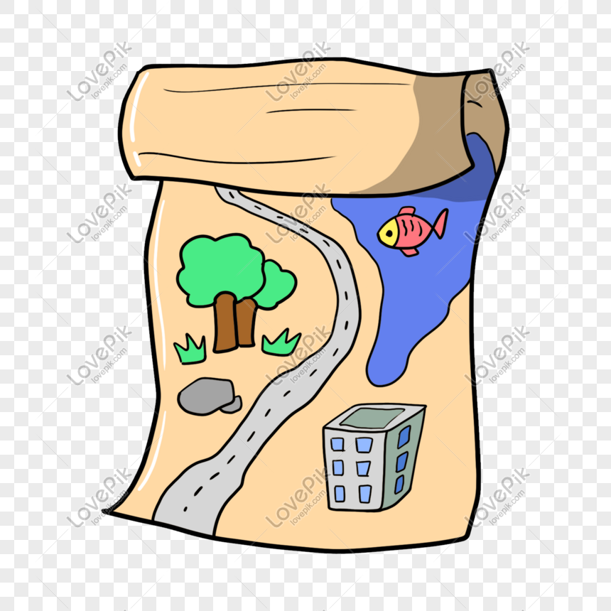 Hand-drawn treasure map showing a winding road, trees, river with fish, rock, and building on aged parchment.
