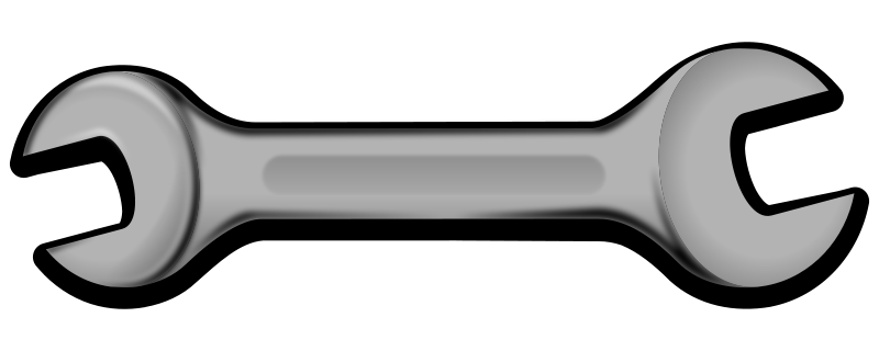 Gray double-open-end wrench illustration on black background, metallic sheen and realistic shading.