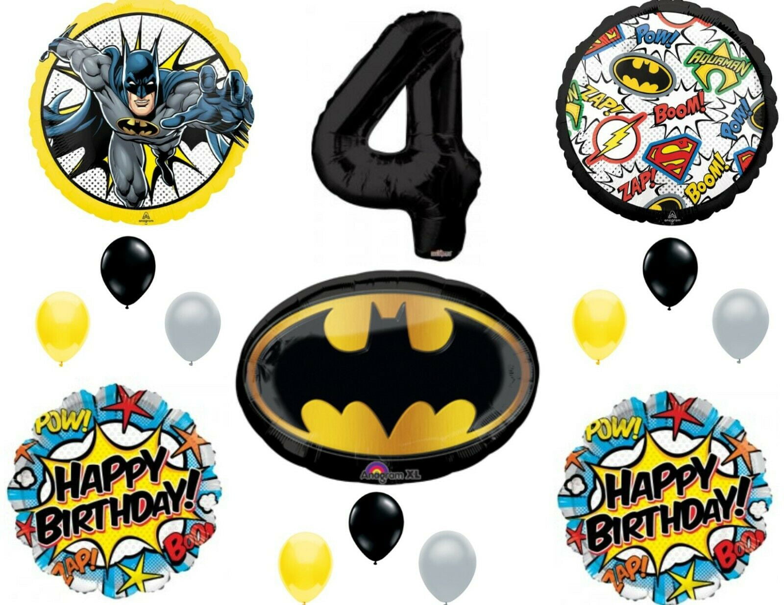 Batman-themed birthday balloon set featuring number 4, logos, comic-style designs, and colorful latex balloons.