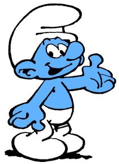 A cheerful blue Smurf with a white hat and pants, waving with one hand and gesturing with the other.