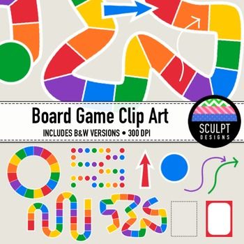 Colorful board game clip art set with paths, shapes, arrows, numbers, and game pieces in B&W and color at 300 DPI.