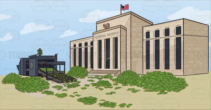 A cartoon of the Federal Reserve building with a money-printing machine spewing cash piles outside.