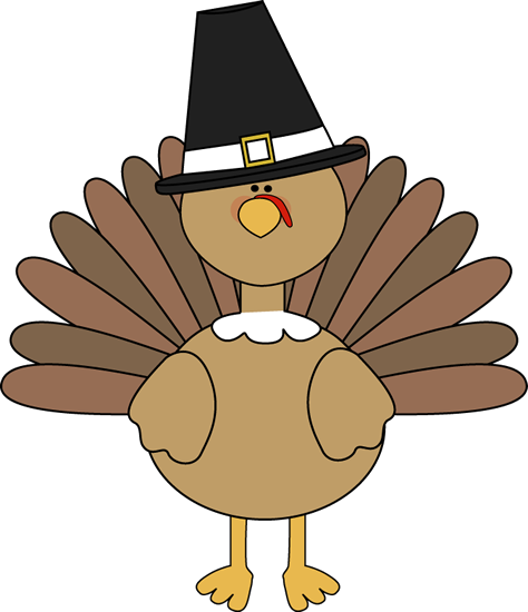Cartoon turkey wearing a Pilgrim hat with brown feathers and a white ruff collar.