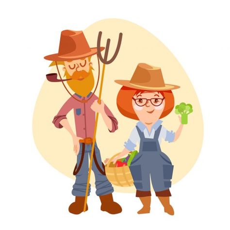 A cheerful farmer couple with a pitchfork and basket of fresh vegetables, wearing hats and overalls.