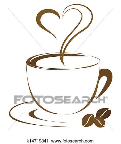 A steaming coffee cup with heart-shaped steam and scattered coffee beans on a saucer.