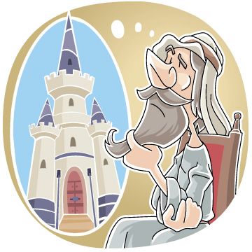 A wise, bearded storyteller gestures toward a fairytale castle with spires and a red door, evoking fantasy and legend.