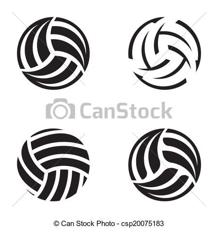 Four stylized black-and-white volleyball icons in different orientations and patterns.