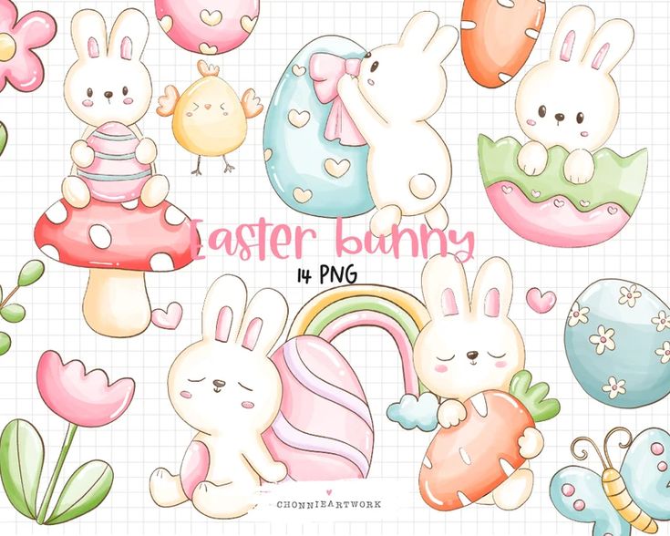 Cute Easter bunnies, decorated eggs, chicks, mushrooms, and flowers in watercolor style on grid paper background.