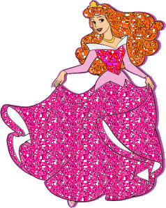 Princess Aurora in a sparkling pink gown with orange hair and tiara, posing gracefully.