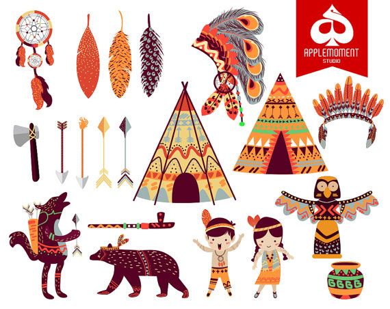 Native American-inspired clipart set including teepees, dreamcatchers, feathers, arrows, tribal figures, animals, and artifacts.
