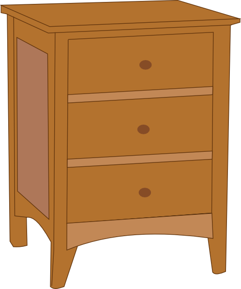 Simple wooden nightstand with three drawers, round knobs, and a side panel in warm brown tones.