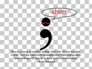 A stylized semicolon with a red eye and speech bubble saying “ahem”, accompanied by Kurt Vonnegut’s quote about semicolons.