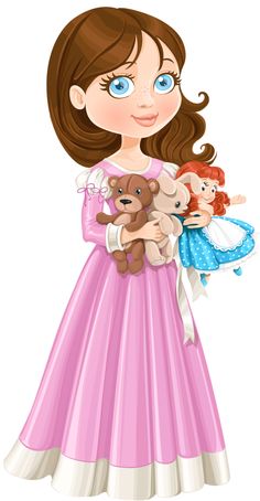 Princess Girl with Teddy Bear and Doll - Free Illustration for Kids’ Content