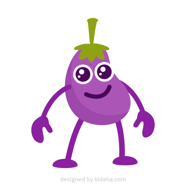 Friendly purple eggplant cartoon character with arms, legs, and smiling face.