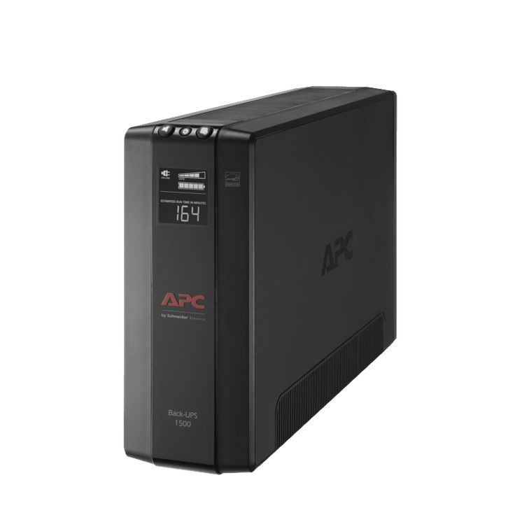 APC Back-UPS 1500 uninterruptible power supply with LCD display showing 164 minutes runtime.