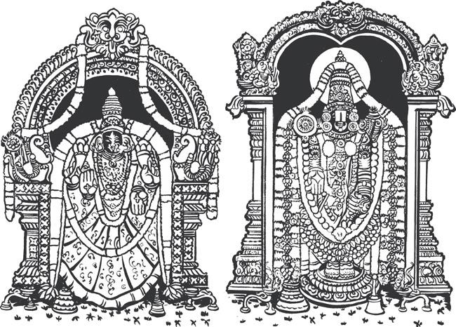 Two ornate black-and-white line drawings of Lord Venkateswara in traditional South Indian temple arches, richly adorned with jewelry and iconography.