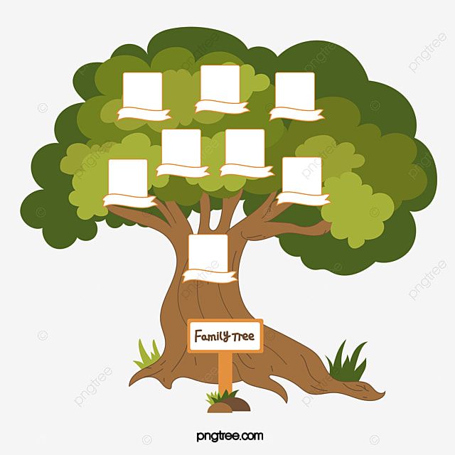 Illustrated family tree with blank name tags on branches and a sign reading "Family Tree" at the base.