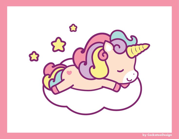 Cute pastel-colored unicorn sleeping peacefully on a cloud with stars and a heart.