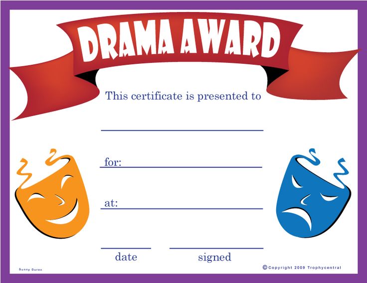 Printable drama award certificate with red banner, comedy/tragedy masks, and fill-in fields.