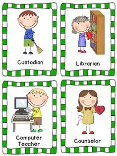 Four illustrated school staff roles: Custodian, Librarian, Computer Teacher, and Counselor in green-checkered cards.