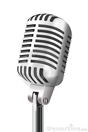 Vintage silver microphone with classic grille design on stand, isolated on white background.