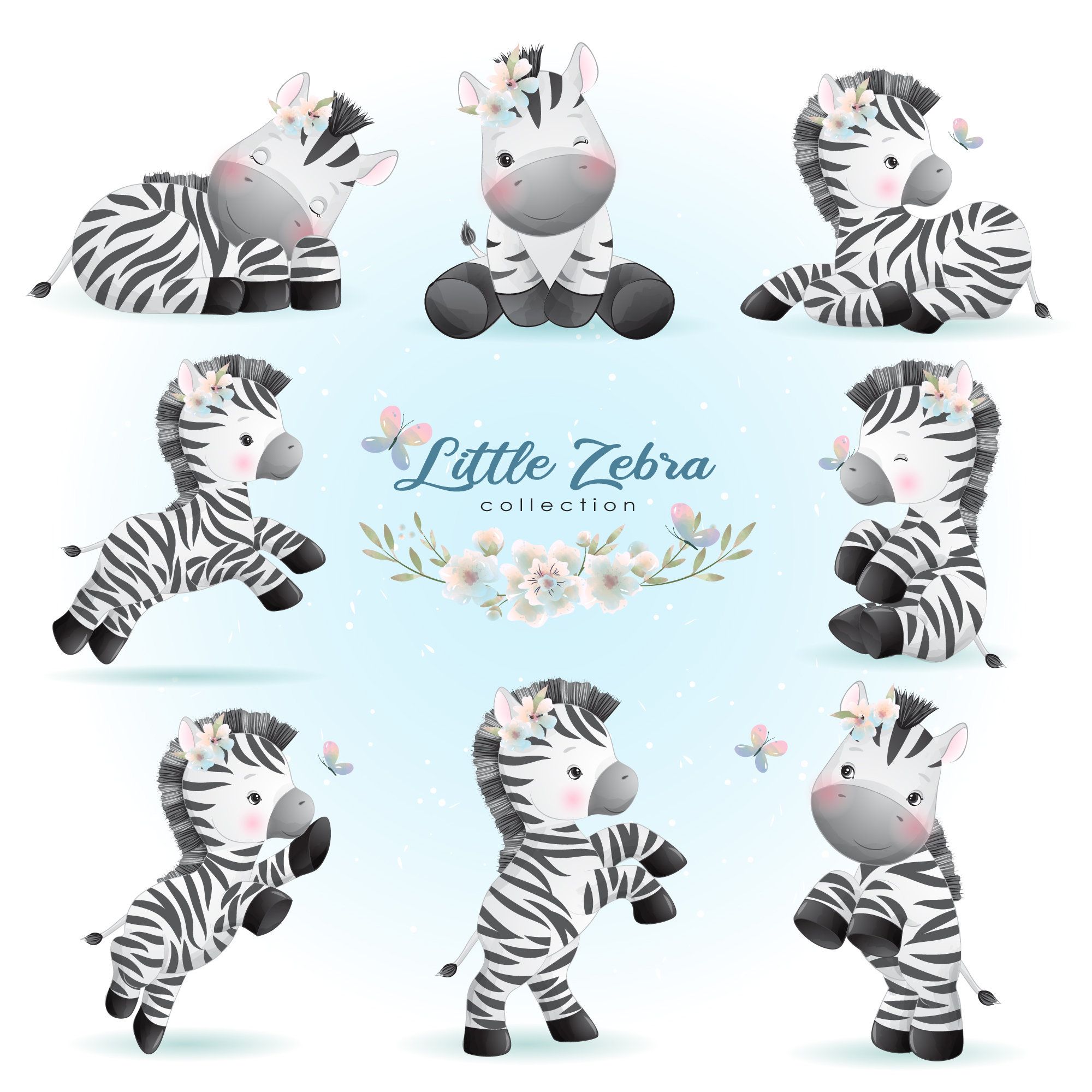 Cute baby zebra illustrations in playful poses with floral crowns and butterflies, pastel background.