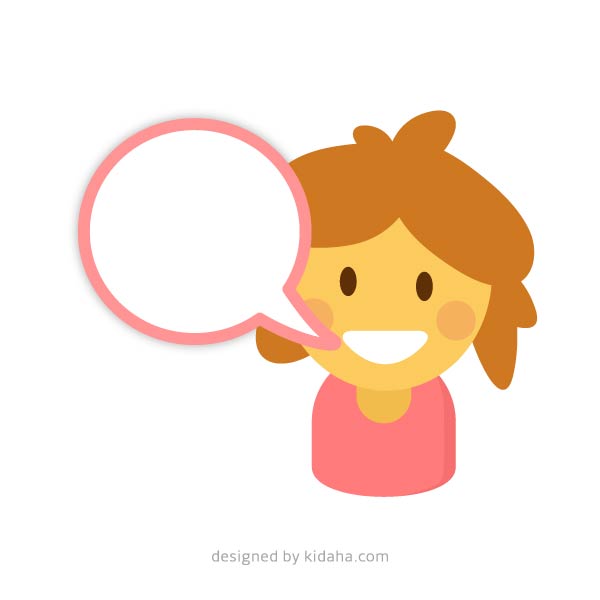 Smiling cartoon girl with brown hair and pink shirt, speaking into a blank speech bubble.