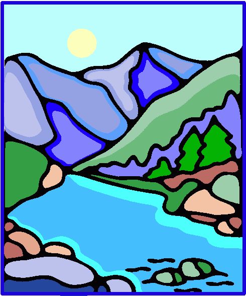 Stylized mountain landscape with blue lake, green hills, evergreen trees, and sun in pale sky-bold outlines and vibrant colors.
