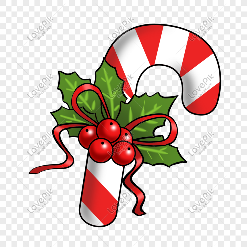 Festive red-and-white candy cane decorated with holly leaves, red berries, and a ribbon bow.