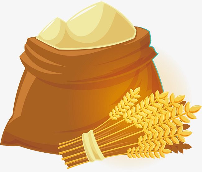 A brown sack overflowing with golden flour, accompanied by a bundle of wheat stalks tied with a ribbon.