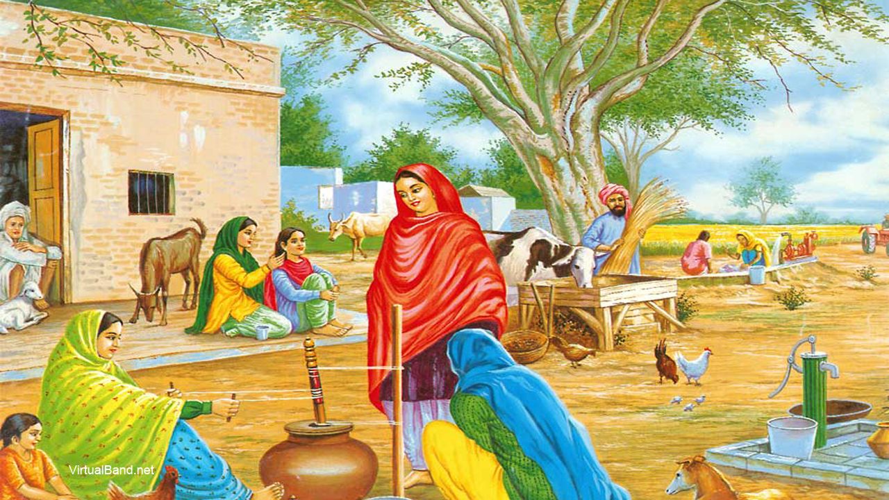 Traditional Rural Life in India - Vibrant Village Scene Painting